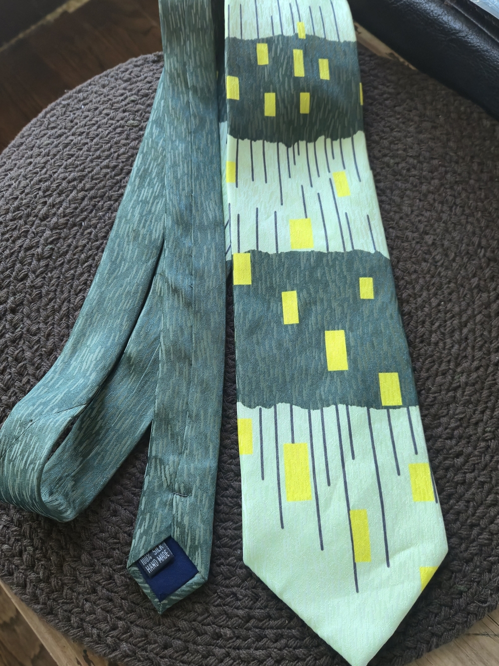 Italian Design By Tal's Vintage Geometric Green & Yellow Silk Tie